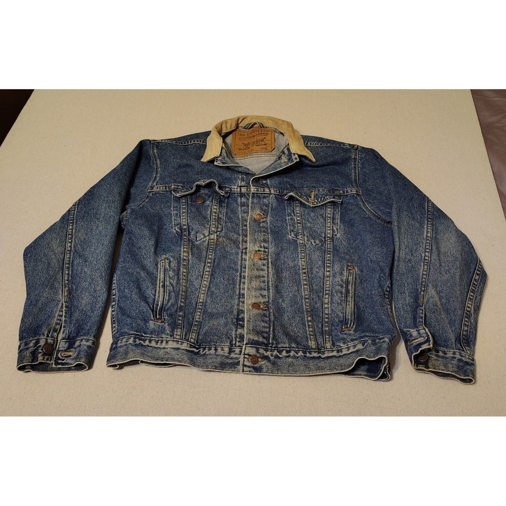 Levi Strauss & Co Denim Jacket Trucker‎ Style Tan Collar Men Large Made in USA